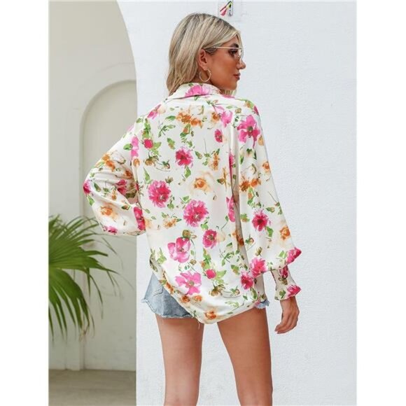 White Boho Floral Print V Neck Long Lantern Sleeve Flowy Loose Top‎ Blouse Shirt - Picture 5 of 6